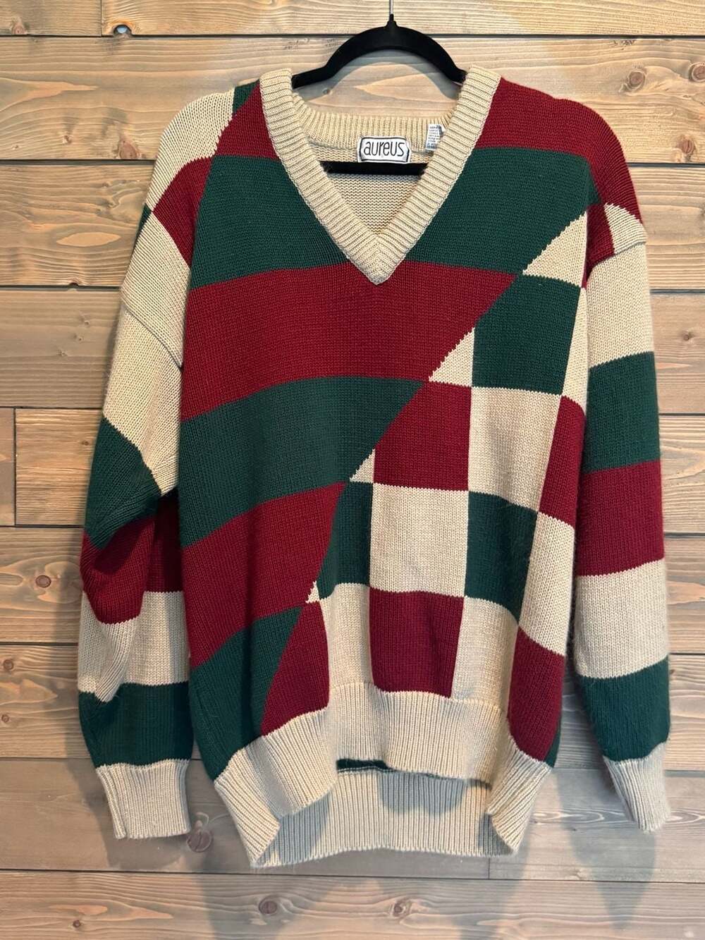 Aureus Vintage 90s Geometric Colorblock V-Neck Knit Sweater Large